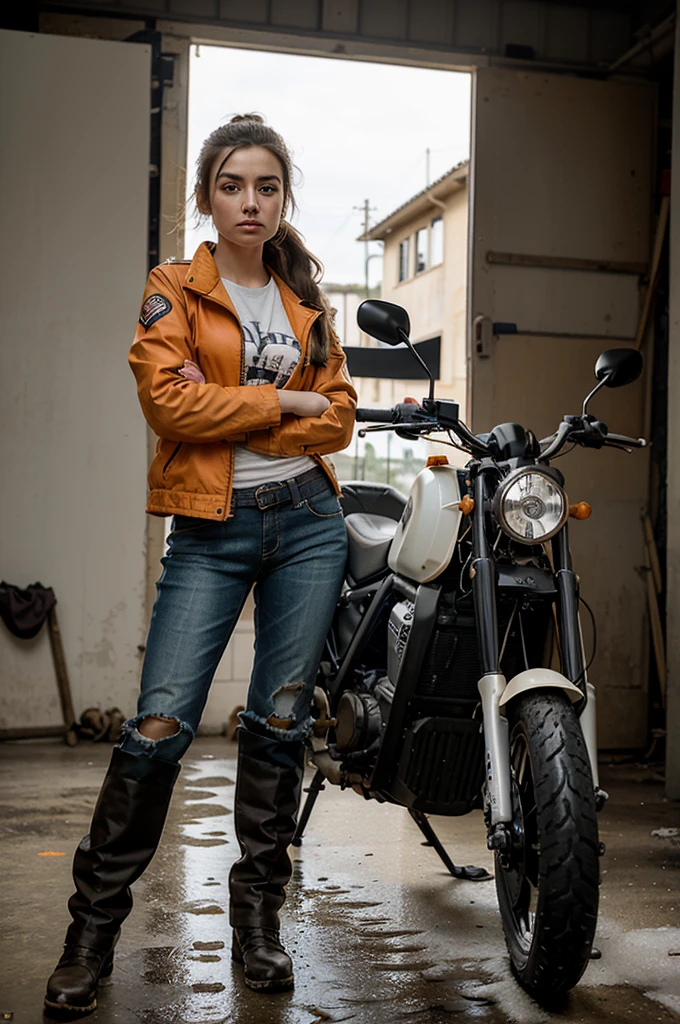Beautiful girl, with a long orange snow-style jacket that is very worn and torn and full of dust, special pants for riding a motorcycle, a large jacket with patches, hands with 5 fingers, riding a single-tire electric motorcycle, gyro style -bike, ponytail hairstyle, cold expression, background of a gyro-bike and single-tire motorcycle workshop similar to the one Alita uses, full-body photo. Details in high definition, with photographic style and natural light, in the style of a film texture.