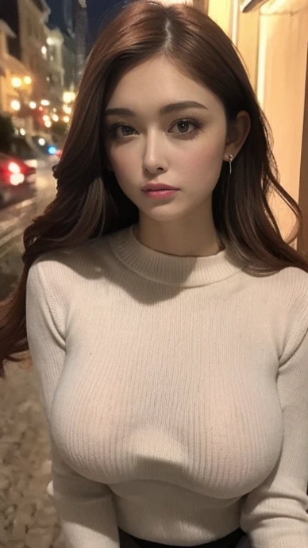 (night, soft light, quality, 8K, masterpiece, original photo: 1.3),mystery, beautiful young woman, like a dream, Red eyes, elongated eyes, Narrow your eyes, symmetrical eyes, (Highlight color hair, More information about long hair, bob hairstyle), ear nipple ring, thin bracelet on wrist, ( Long-sleeved sweater, Outer coat,leggings: 1.2) , Ultra-detailed, intricate details, Highly detailed faces and skin tones, Slim, delicate eyes, actual, cosmetics, intellectuals, seductive big breasts, beautiful pose, big breasts, medieval european cityscape, night cityscape, Invincible smile