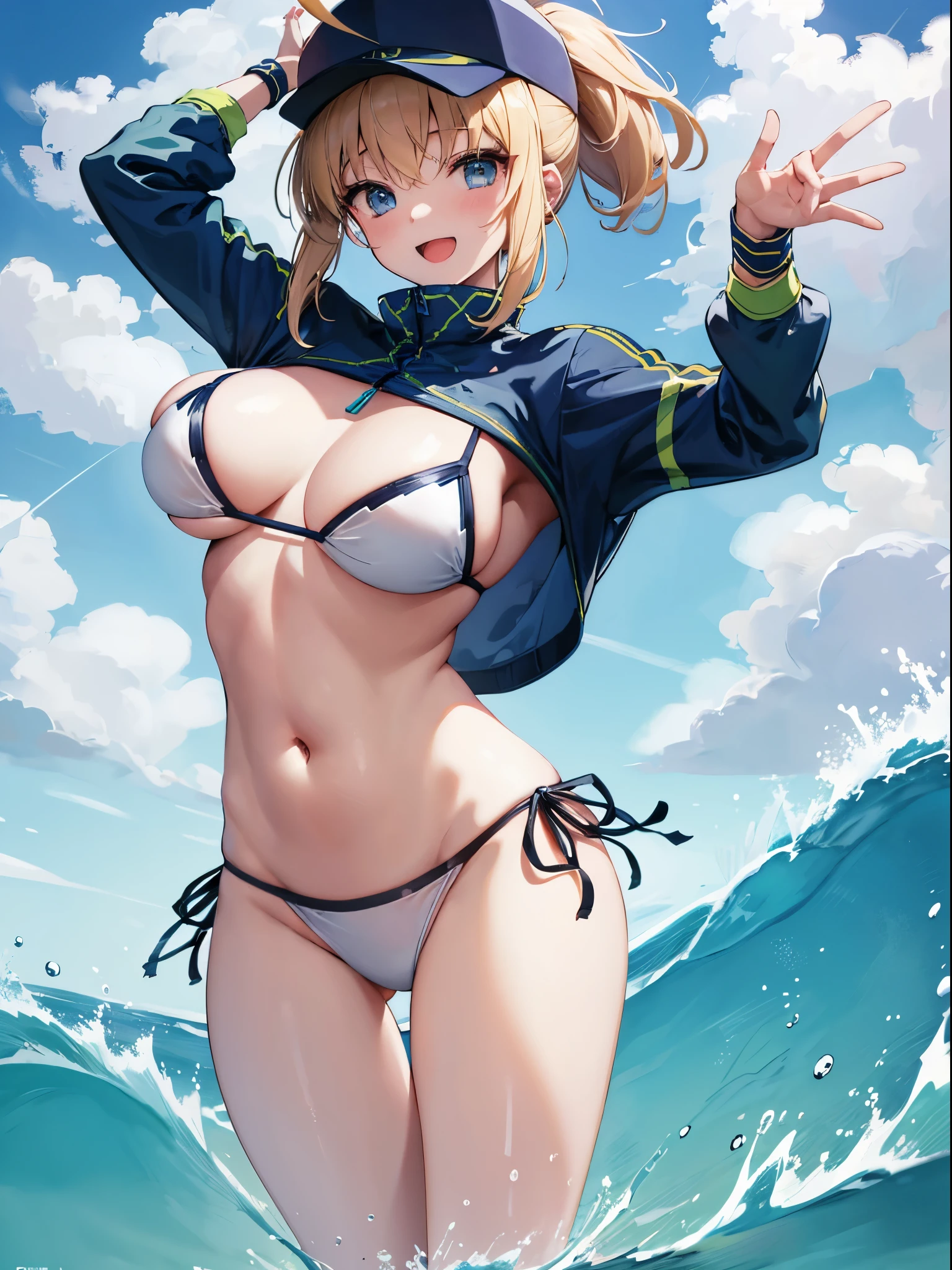 masterpiece,(ultra-detailed),1girl, mysterious heroine xx \(fate\), half_eyes,smile,open mouth, swimsuit, white bikini, side-tie bikini bottom, shrug \(clothing\), jacket,  thigh strap, wristband,  large_breasts, ocean, splashing,blonde_ponytail,open_legs,cap,happiness,dynamic_jumping