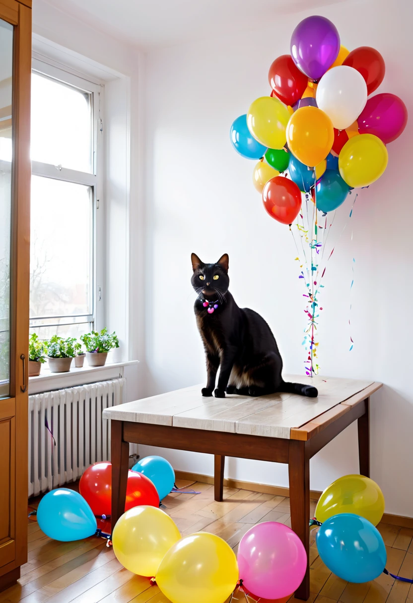 Katze pustet Luftballons auf, Cat decorates the room, Katze deckt den Tisch