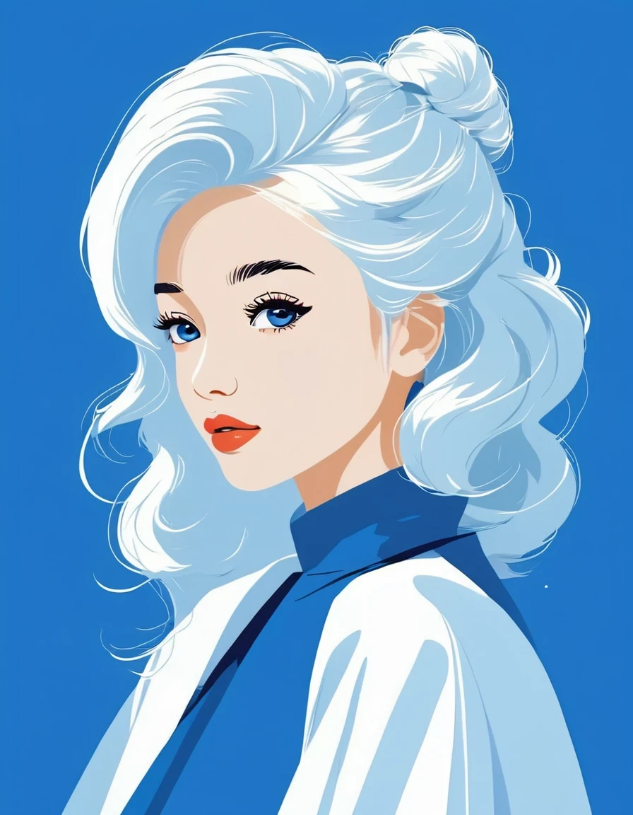 vector art，Helen Huang style，Modern girl，portrait，white hair，Royal blue background，vector illustration vector illustration，Flat design style Flat design style，flat illustration flat illustration