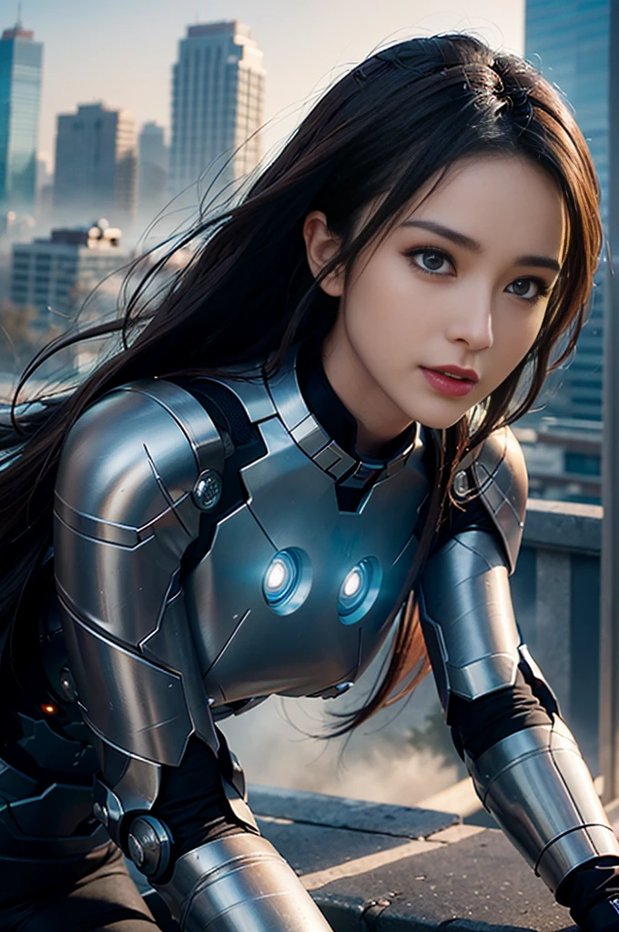 RAW, Masterpiece, Ultra Fine Photo,, Best Quality, Ultra High Resolution, Photorealistic, Sunlight, Full Body Portrait, Stunningly Beautiful,, Dynamic Poses, Delicate Face, Vibrant Eyes, (Side View) , she is wearing a futuristic Iron Man mech, very detailed background, detailed face, detailed busy background, messy, gorgeous, milky, high detailed skin, realistic skin details, visible pores, sharp focus, volume Fog, 8k uhd, dslr, high quality, film grain, fair skin, photorealism, lomography, sprawling metropolis in a futuristic dystopia, view from below, translucent