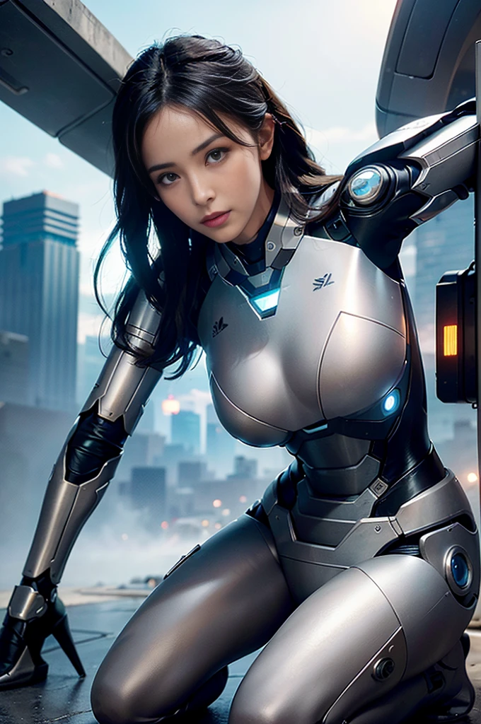RAW, Masterpiece, Ultra Fine Photo,, Best Quality, Ultra High Resolution, Photorealistic, Sunlight, Full Body Portrait, Stunningly Beautiful,, Dynamic Poses, Delicate Face, Vibrant Eyes, (Side View) , she is wearing a futuristic Iron Man mech, very detailed background, detailed face, detailed busy background, messy, gorgeous, milky, high detailed skin, realistic skin details, visible pores, sharp focus, volume Fog, 8k uhd, dslr, high quality, film grain, fair skin, photorealism, lomography, sprawling metropolis in a futuristic dystopia, view from below, translucent