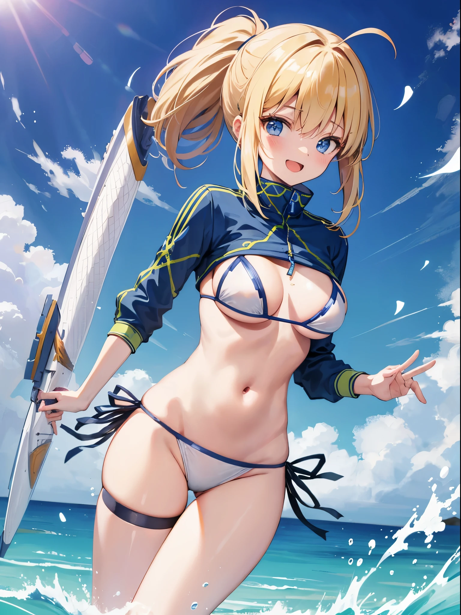 masterpiece,(ultra-detailed),1girl, mysterious heroine xx \(fate\), half_eyes,smile,open mouth, swimsuit, white bikini, side-tie bikini bottom, shrug \(clothing\), jacket, thigh strap, wristband, large_breasts, ocean, splashing,blonde_ponytail,open_legs,cap,happiness,dynamic_jumping