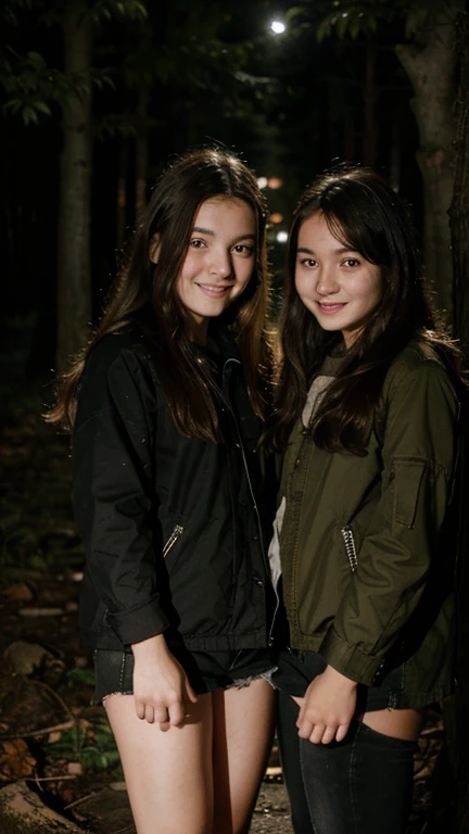 two young girls at night in the forest happy