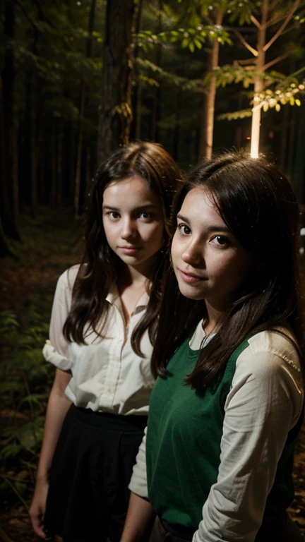 two young girls at night in the forest happy