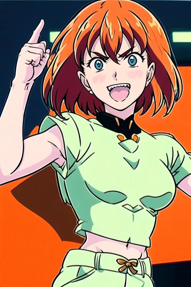 excel, orange hair, smile, fang, open mouth, green eyes,standing, medium breast, pants, pullover, ,  cyberpunk city magic, martial arts martial pose