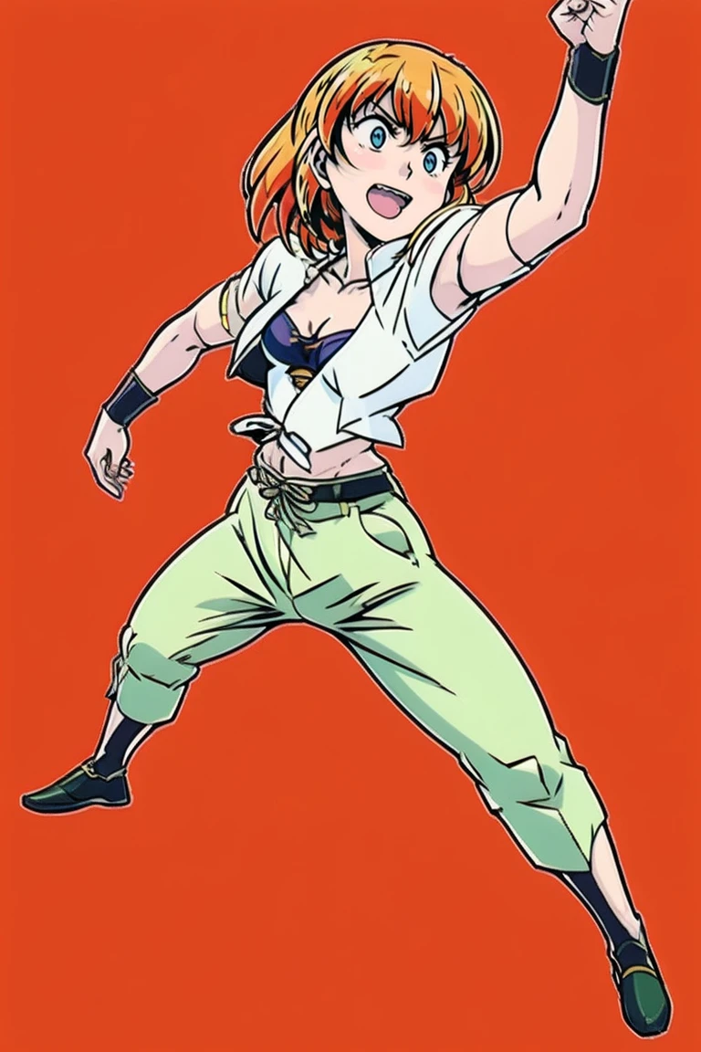 excel, orange hair, smile, fang, open mouth, green eyes,standing, medium breast, pants, pullover, ,  cyberpunk city magic, martial arts martial pose