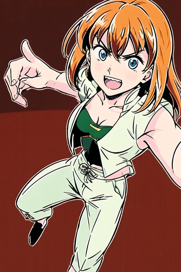 excel, orange hair, smile, fang, open mouth, green eyes,standing, medium breast, pants, pullover, , cyberpunk city magic, martial arts martial pose