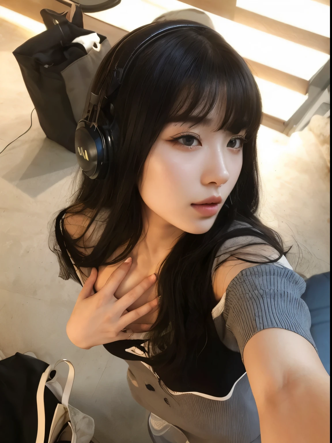 Araafed Asian woman with headphones and a bag, she has black hair Com franja, Ulzzang, linda mulher sul-coreana,  coreana, garota de anime na vida real, deayami kojima, linda jovem coreana, sui ishida com cabelo preto, corte de cabelo preto hime, Com franja, jaeyeon nam, Sakimichan, lalisa manobal