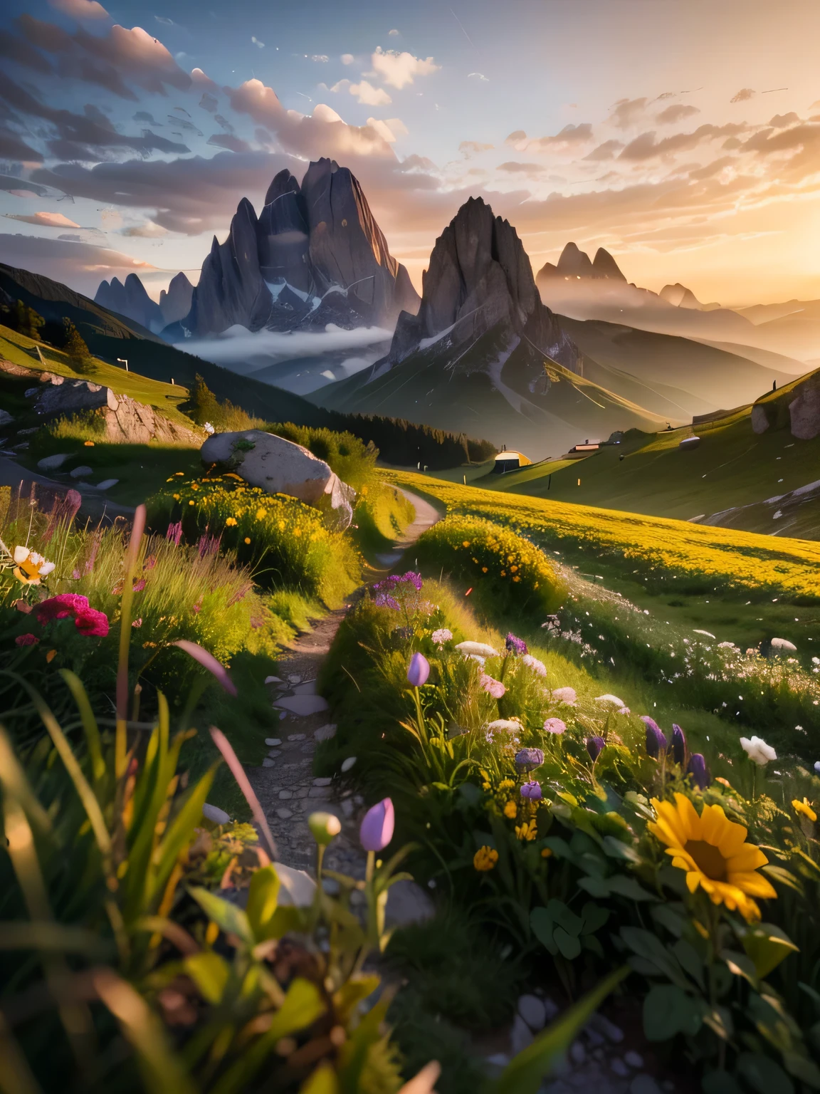 a close up of a field of flowers with mountains in the background, an amazing landscape image, unsplash contest winning photo, in the dolomites, by Luca Zontini, epic beautiful landscape, stunning nature in background, the most beautiful landscape, dolomites, landscape photography 4k, max rive, beautiful environment, epic scenic shot, unsplash photo contest winner, by Johannes Voss
