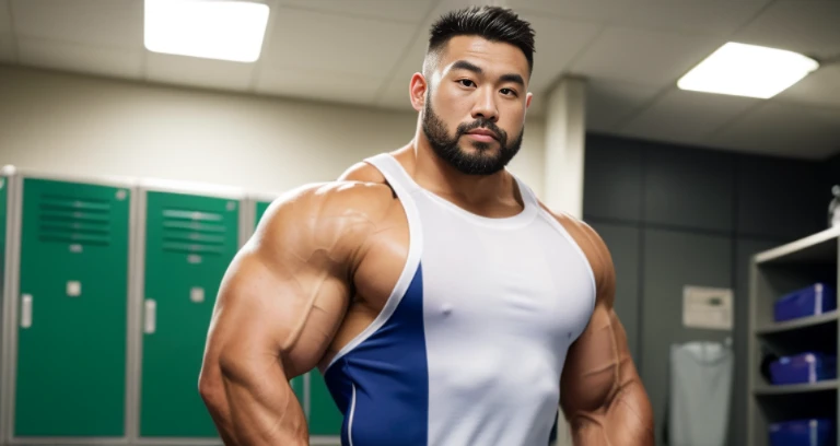 inside club locker room, facing each other, wearing jersey, Japanese man, Chinese man, Korean man, Taiwanese man, manly face, round face, monolid eyes, buzz cut, very large and strong body, bulging muscles, very large pectoral muscles, muscular arms, muscular abs, muscular legs, muscular back, brightens oily skin, master piece, realistic, panorama, distant view