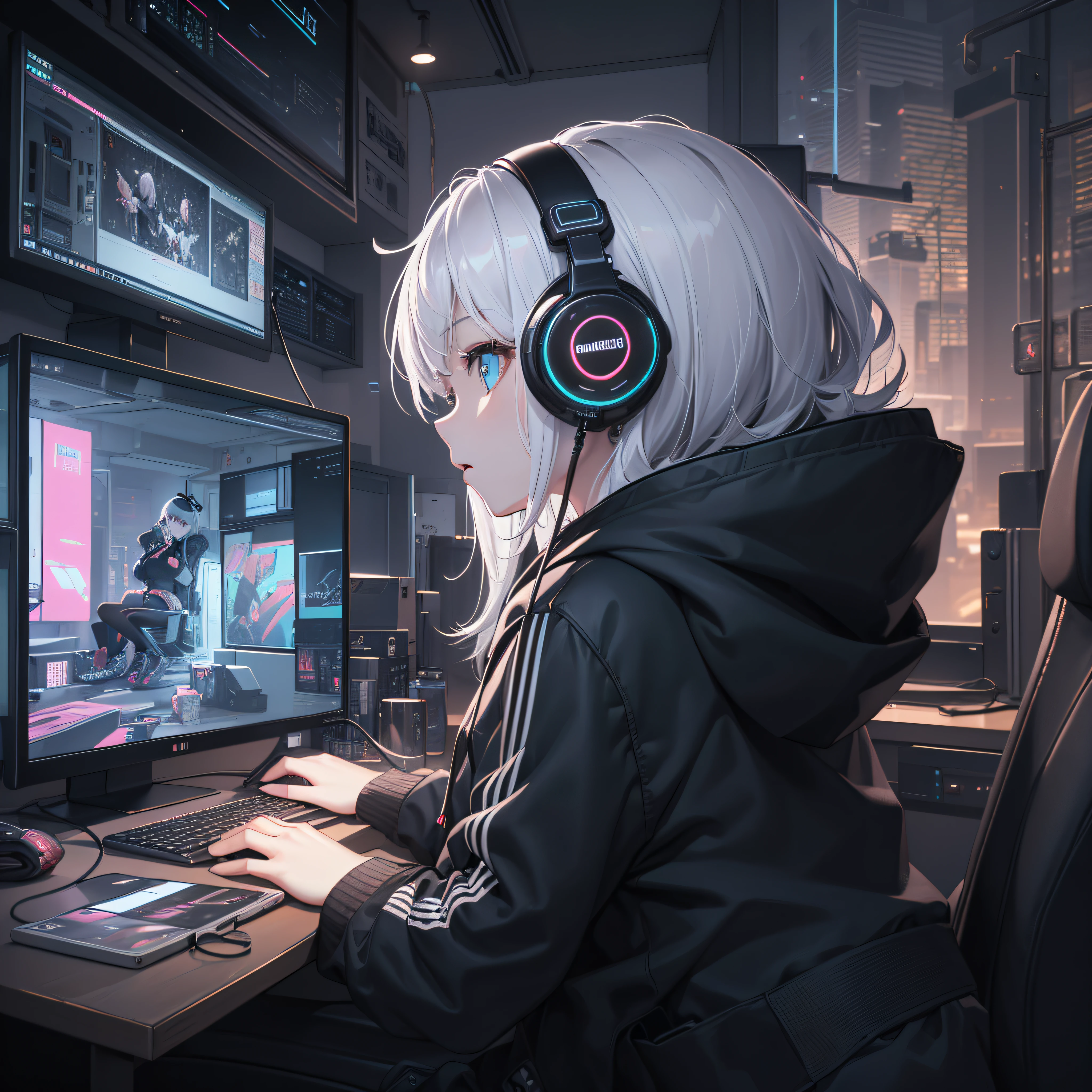 8K，((highest quality)), ((masterpiece)), ((Super detailed)), (figure), (detailed light), (very delicate and beautiful),
(((alone))),
(Beautiful and cute girl),
((headphone)),(hoodie),
((cyberpunk room)),indoors,(computer,screen),data stream,window,
((sitting in a gaming chair)),
(beautiful eyes),gray hair,