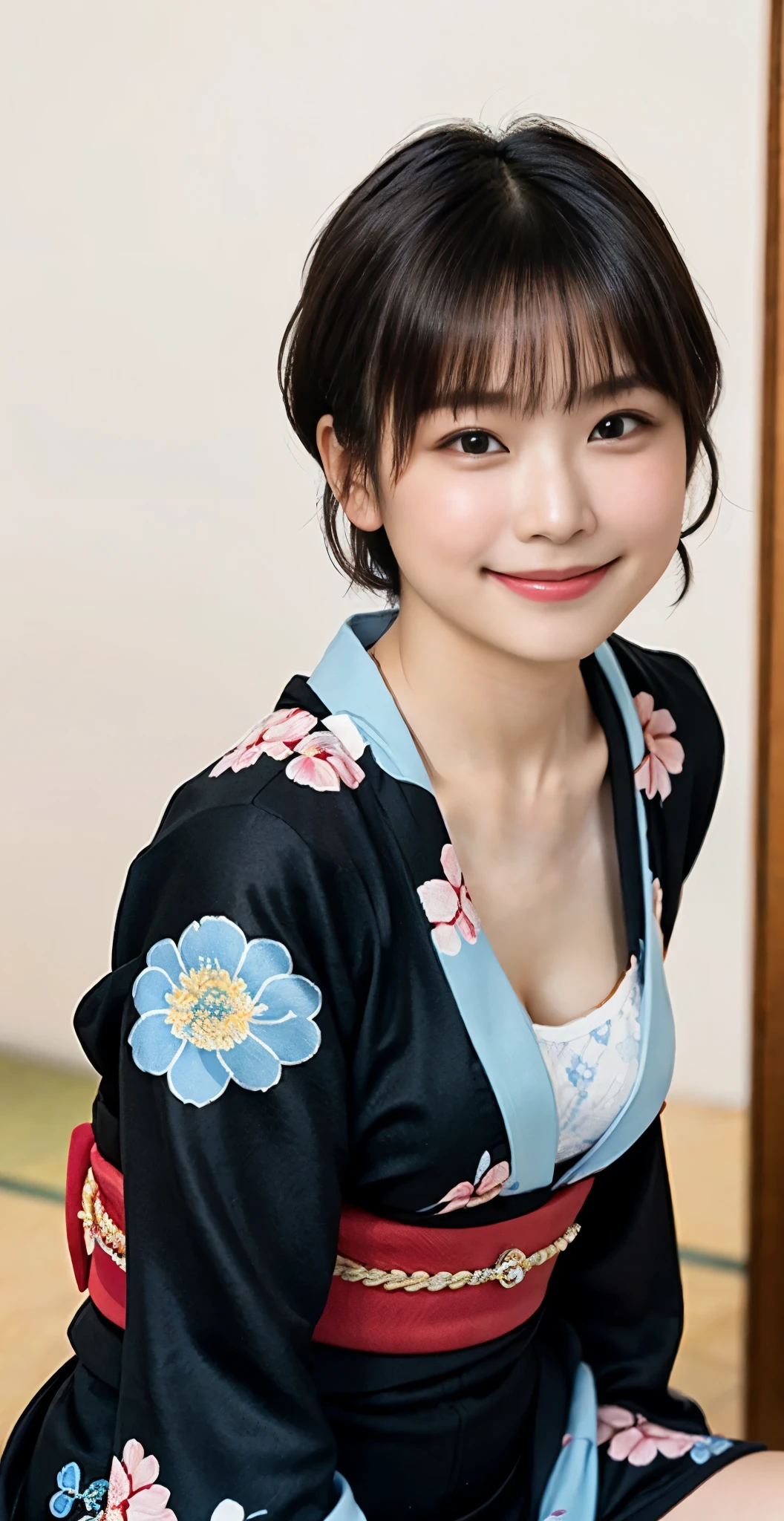 （8k、Raw photography、highest quality、masterpiece：1.2),(black haired、very short hair:1.9),show viewer,Looking at the front,erotic,白いskin,(pink ranger、kimono ranger、Beautiful Girl Kimono Squadron、She wears a kimono with a colorful floral pattern.:1.7)、(Clothing that emphasizes the shape of your chest、publish one&#39;skin:1.4)、(big breasts :1.3)、slim body shape、ultra high resolution,beautiful,beautiful fece,(alone, alone、no background:1.9),whole bodyボディー,japanese woman,（Photoreal：1.37）、photon mapping,reality、(****-faced and cute: 1.0)、(cute smile: 1.7)、(With a round face: 1.8)、radio city、Physically based rendering、depth of field rally background、photograph, (I can see your knees,close up of thighs、Kimono that is too short、show white panties:1.4),whole body、super fine