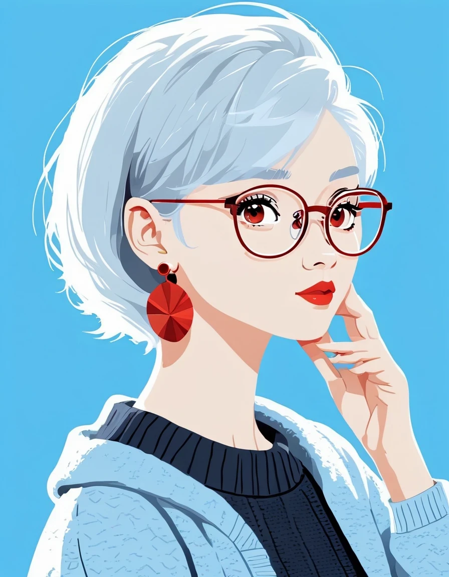 vector art，Helen Huang style，Modern girl，portrait，super short hair，Black Sweater，red geometric earrings，big glasses，white hair，blue background，vector illustration vector illustration，Flat design style Flat design style，flat illustration flat illustration