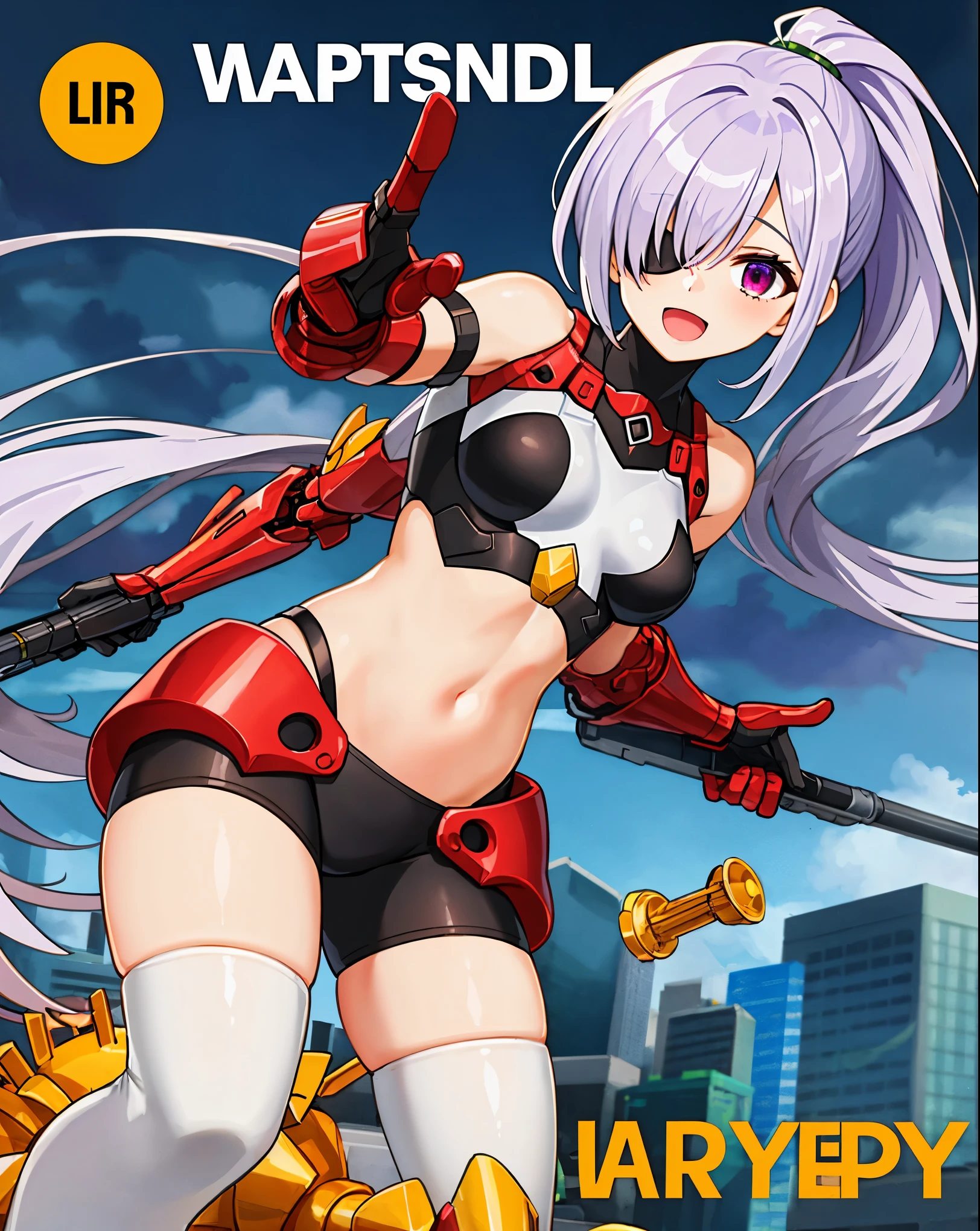 ,1girl,(_teen:, (short_ponytail:1.3), (light_whitish_purple_hair:1.3),black_mechanical_armor,white_breasts_parts_red_black_body_suit,bare_shoulder,bare_slender_thighs,medium_breasts,city_background,Stinging_eyes,sleepy,thighhigh_greaves,gauntlets,dynamic_posing,bare_frank,metal_red_parts_armor,red_eye,solo,
fists,hold_weapon,glare,navel,large_mechanical_parts,happy,waist_armor,open_mouth,rise_legs,apart_legs, (covered_navel:1.3),(very_long_bangs:1.3), (hair_over_one_eye:1.5),(long_bang_covers_right_half_of_face:1.5),
(covered_pussy:1.1),covered_breasts,fighting,