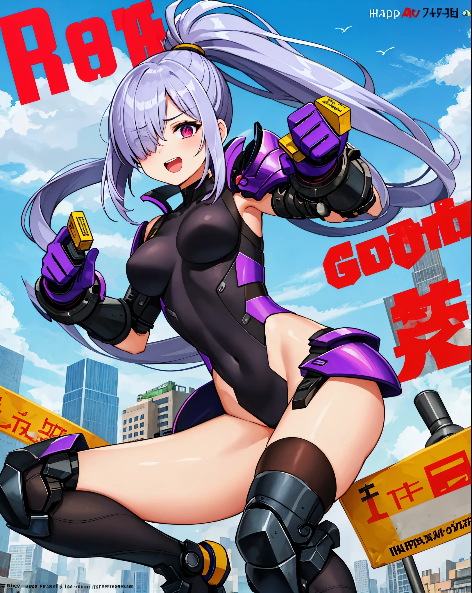 ,1girl,(young_:1.5), (short_ponytail:1.3), (light_whitish_purple_hair:1.3),black_mechanical_armor,white_breasts_parts_red_black_body_suit,bare_shoulder,bare_slender_thighs,medium_breasts,city_background,Stinging_eyes,sleepy,thighhigh_greaves,gauntlets,dynamic_posing,bare_frank,metal_red_parts_armor,red_eye,solo,
fists,hold_weapon,glare,navel,large_mechanical_parts,happy,waist_armor,open_mouth,rise_legs,apart_legs, (covered_navel:1.3),(very_long_bangs:1.3), (hair_over_one_eye:1.5),(long_bang_covers_right_half_of_face:1.5),
(covered_pussy:1.1),covered_breasts,fighting,