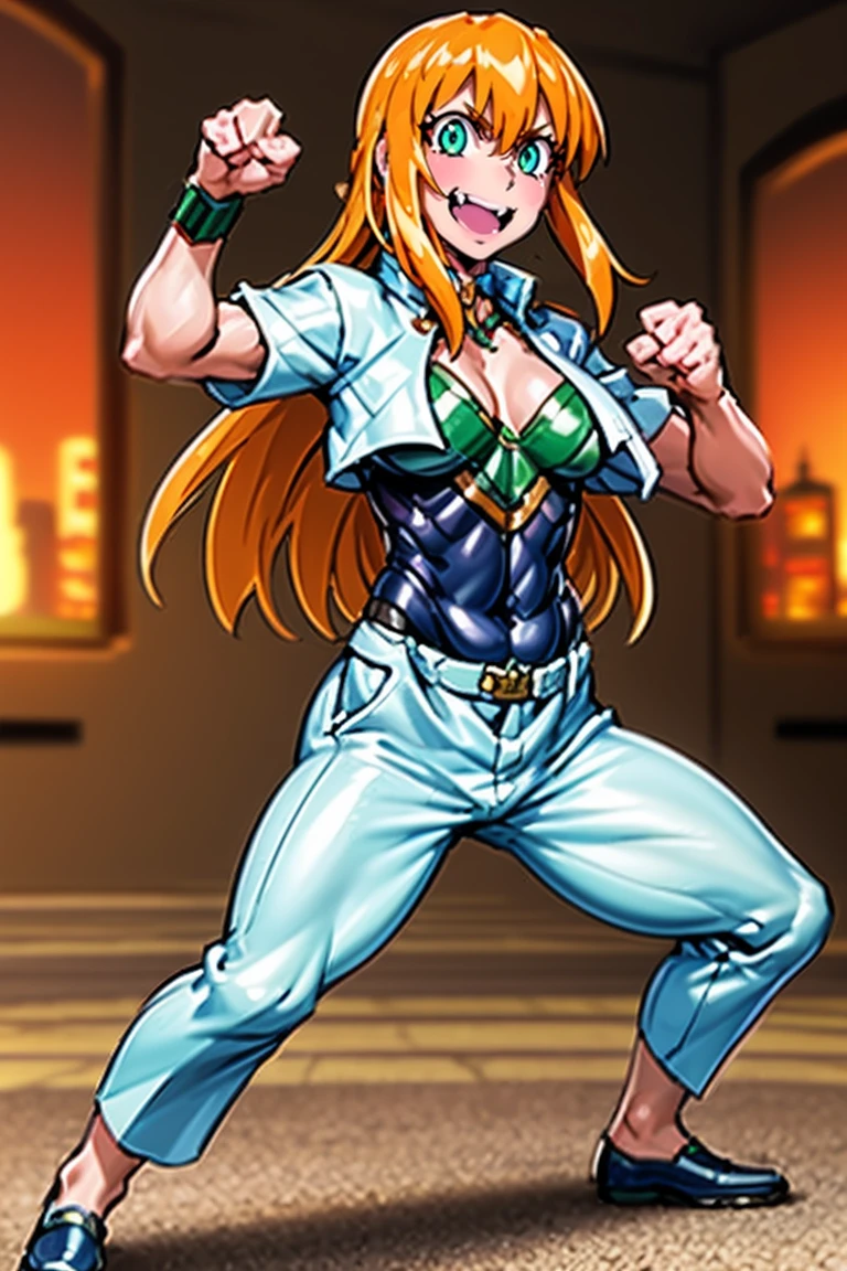 excel, orange hair, smile, fang, open mouth, green eyes,standing, medium breast, pants, pullover, , cyberpunk city magic, martial arts martial pose, full body