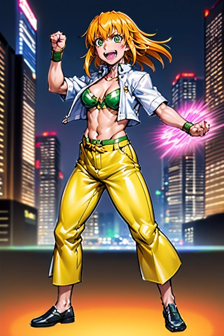 excel, orange hair, smile, fang, open mouth, green eyes,standing, medium breast, pants, pullover, , cyberpunk city magic, martial arts martial pose, full body