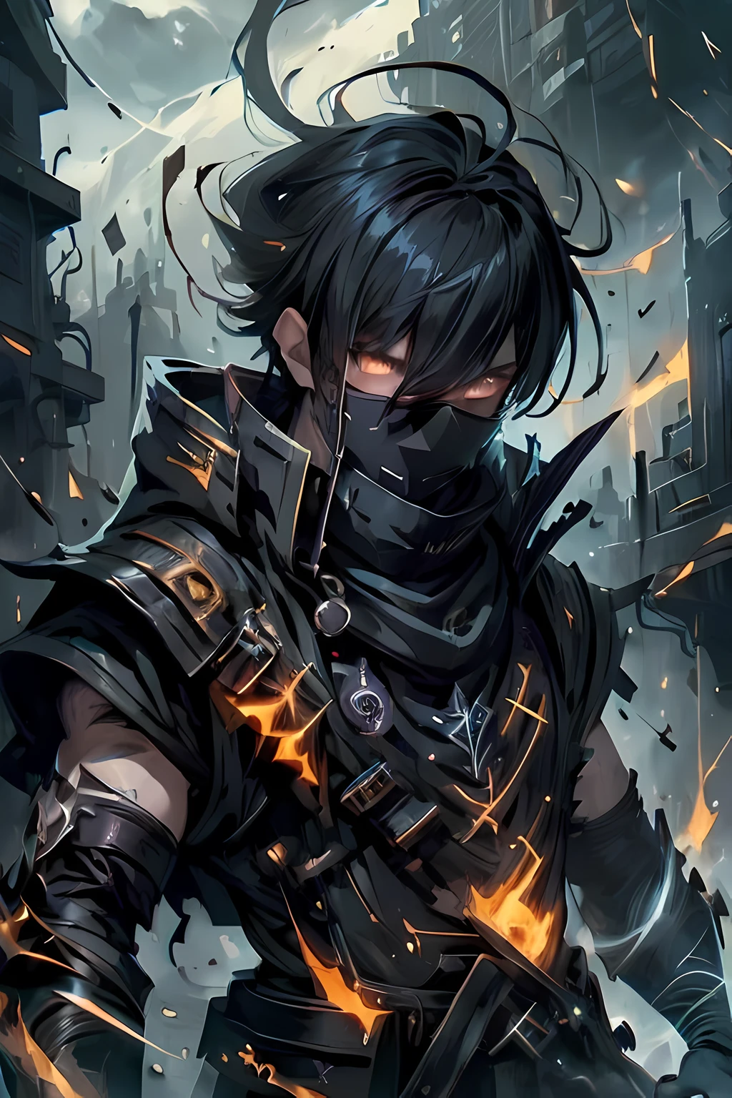 (hoang lap,A high resolution,ultra - detailed), tmasterpiece, best qualtiy, Real light and shadow, solo, a boy with black hair, Red sleeveless clothing, handsome, Fine Eye, Detailed face, finely-detailed eyes, Black scarf, Hold a lightning ball in your left hand, The ball is surrounded by yellow lightning, Tattooed with, There are five round lightning balls behind him,from below, looking down below, Ruined city, background inside dark, swirles, spark of light, cow boy shot, breaking, eYellow eyes, GlowingRunes_lightyellow