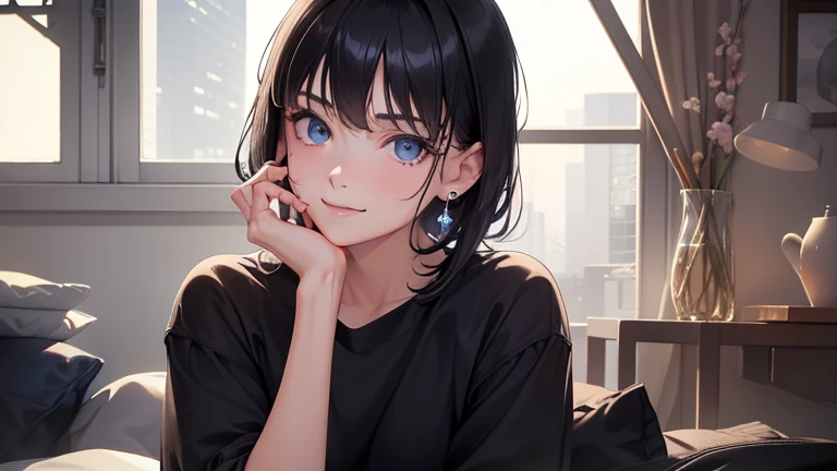 (RAW photo: 1.2), (realistic: 1.4), (masterpiece: 1.3), (highest quality: 1.4), ultra high resolution, HDR, 8K resolution, dream-like, check comments, comment request, landscape, (((no text)), focus only, (fine eyes), (detailed facial features), (Detailed features of garments), skin tightening, (shiny skin), (thin), (slim), ( beautiful face), 1 boy, , Virtual Girl - Ren, young, bangs, black hair, blue eyes, ear studs, loose shirt, smile, embarrassing, cute, look straight at the camera,、anime