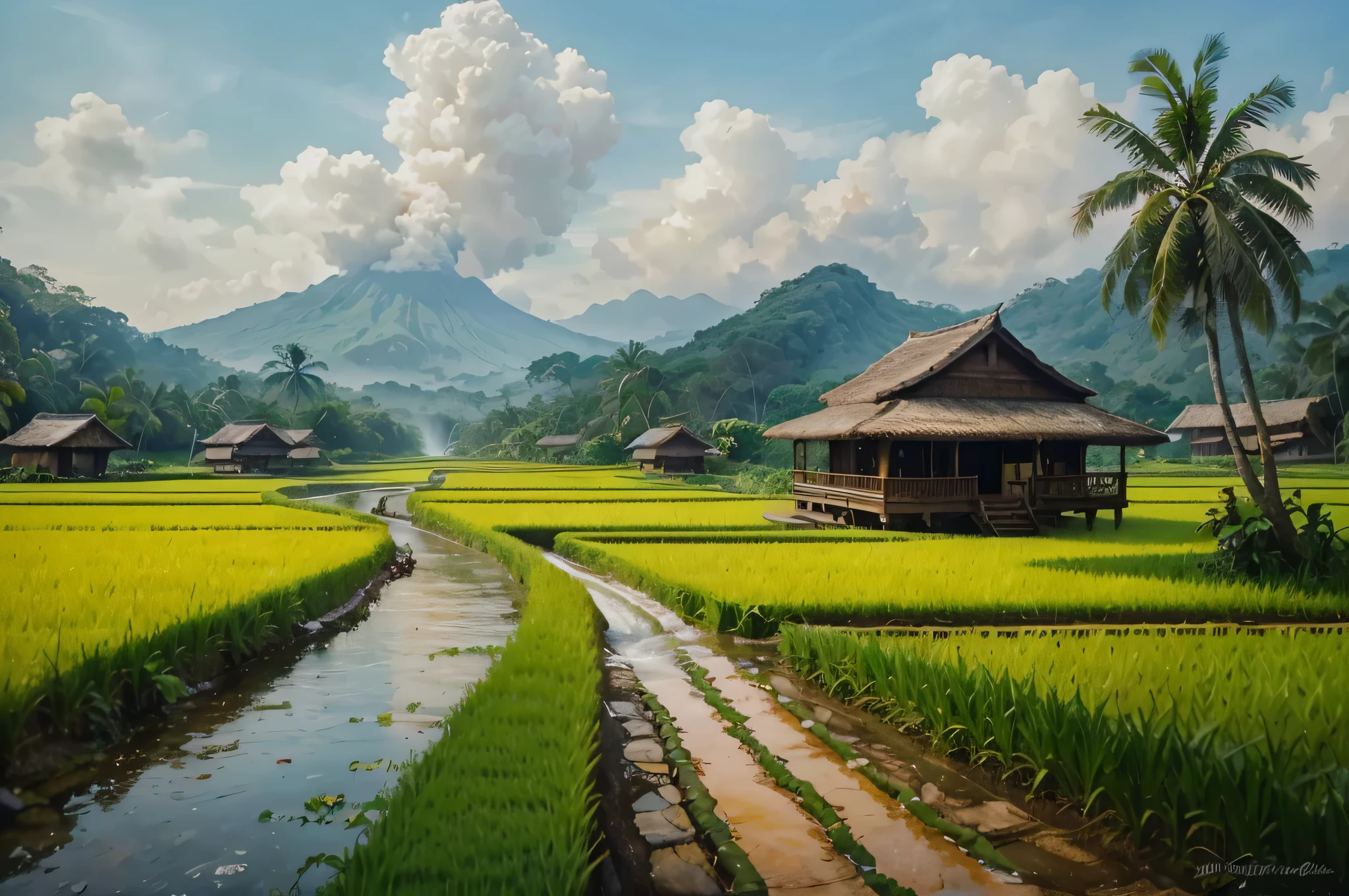 The waterfall flows from between two short cliffs and falls into a clear poolwith clear water and a few natural rocks, there is a  small hut, surrounded by tropical forest plants  such as shady Wood trees, banana trees, a deer is drinking.with a distant backdrop of volcanoes and vast rice fields thick with rice plants, blue sky, bright white clouds, realistic photography.