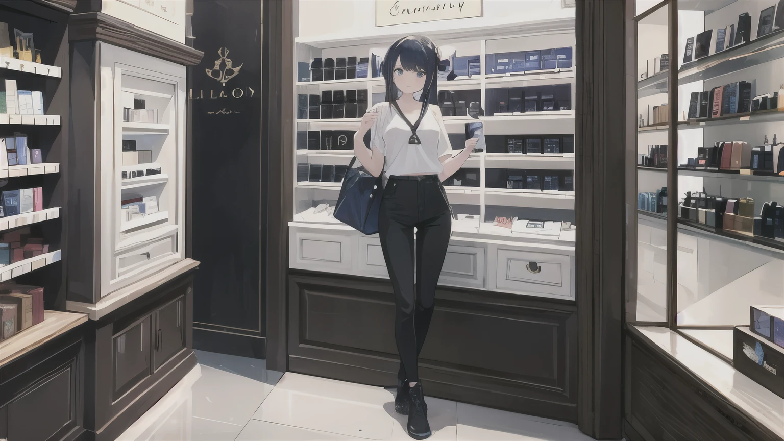 ((best quality)) ((masterpiece)) 1girl, fragrance store, Blue top customized with Marvyy Scent, a black pants