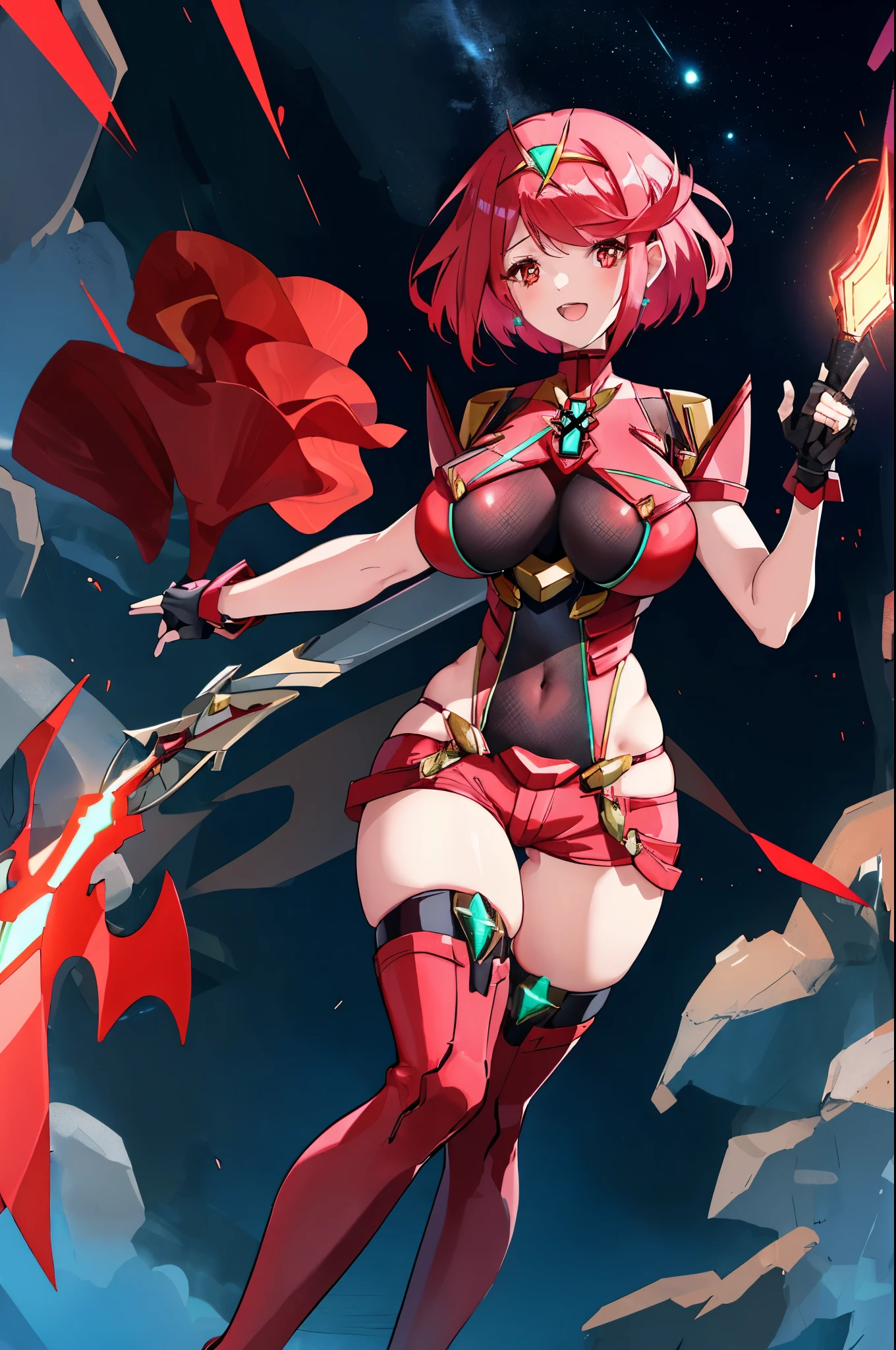 pyra \(xenoblade\), young__1girl, armor, bangs, black gloves, breasts, red eyes, closed mouth, earrings, eyelashes, fingerless gloves, floating hair, framed breasts, gem, gloves, hair ornament, headpiece, jewelry, big_breasts, leaning back, leotard, neon trim, official art, pose, red hair, red shorts, saitou masatsugu, short hair, short shorts, short sleeves, shorts, sidelocks, skin tight, solo, standing, swept bangs, thighhighs, tiara, night_prairie_background, turtleneck, underbust, vambraces, xenoblade chronicles \(series\), (xenoblade chronicles 2), apart_legs, fire_effect,dynamic_pose_fighting,light_smile, (plump:1.1), big_ass,huge_sword, hold_large_sword_hilt, solo, covered_nipples, covered_pussy,open_mouth,back_view,