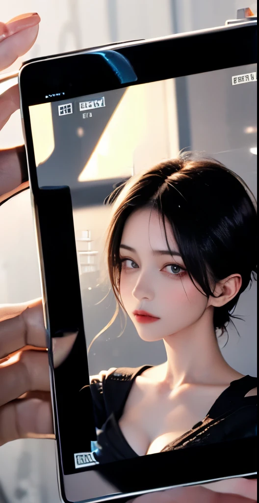 Cinematic lighting、(key light：Front diagonal 45 degrees, fill light、Backlight、shadow、blue and orange color palette), accurate human body、detailed person、Correct five-finger、RAW photo、 4K - ultra-vivid、highest quality, masterpiece, ultra high resolution, (reality: 1.4), 

(((oil skin,sparkling skin、realistic skin texture、detailed beautiful skin、shiny skin、shiny skin)))、


upper body shot, camera angle is low, Depth of the bounds written, Focus on the center, fine eyes, perfect face and eyeature woman, Beautiful woman、(Sweat,vapor, Vulgarity), ((tight white long maxi sweater dress))、big cleavage、tight clothes、(full shot:1.8 , heavy makeup、red eye makeup、pink glossy lipstick)、long shot:1.0, Beautiful depiction、detailed background、high quality person、high quality face、Ultra-high-definition animation、(beautiful black hair:1.8)、lots of earrings、clavicle、((((((big breasts))))))、(((Woman reflected in smartphone tablet camera finder)))