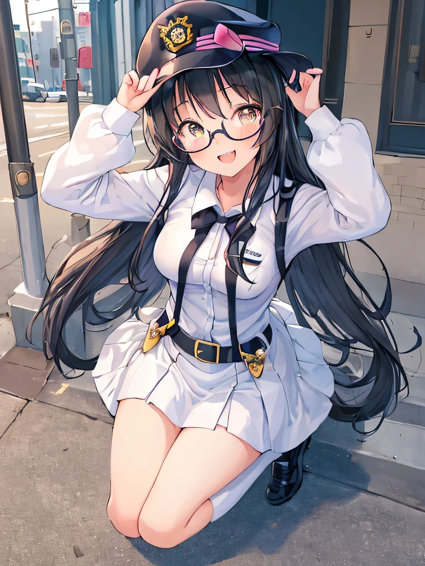 ((masterpiece)), ((best quality)), (ultra-detailed), ((kawaii)), cute, (lovely), illustration, anime style, full body, full body focus, a cute girl, 1girl, solo, downtown, Police uniform, Police officer's hat, (beautiful eyes), beautiful black hair, long hair, slim, slender, small breast, glasses, smiling, fang, endearing, blush, elegant, youthful, graceful, ((The tips of her canine teeth are peeking out from her smiling mouth)), Double Tooth.