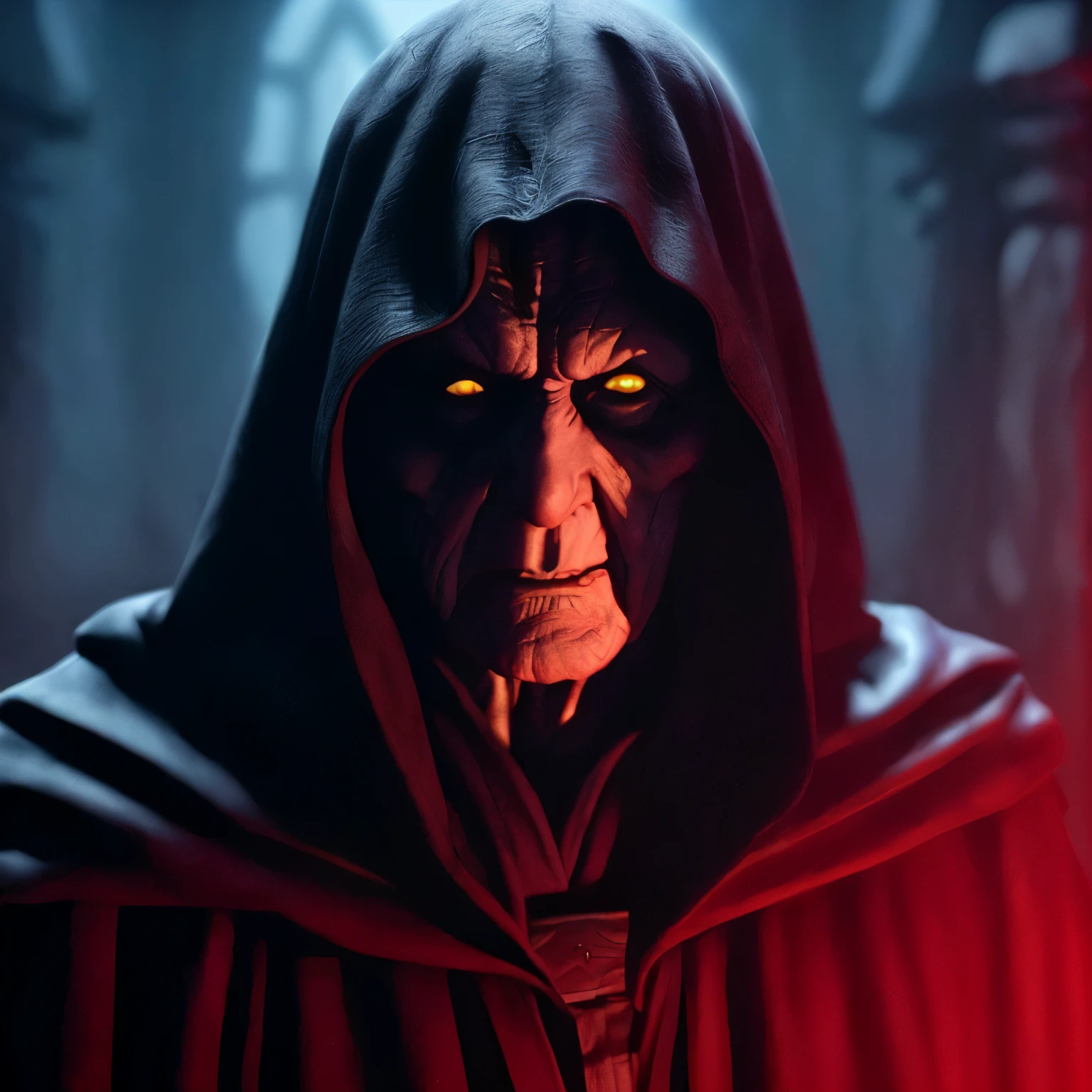 Emperor Palpatine, Darth Sidious, scary, glowing yellow eyes, pale wrinkled skin, sinister red dungeon background, realistic, detailing, 4K, 3D