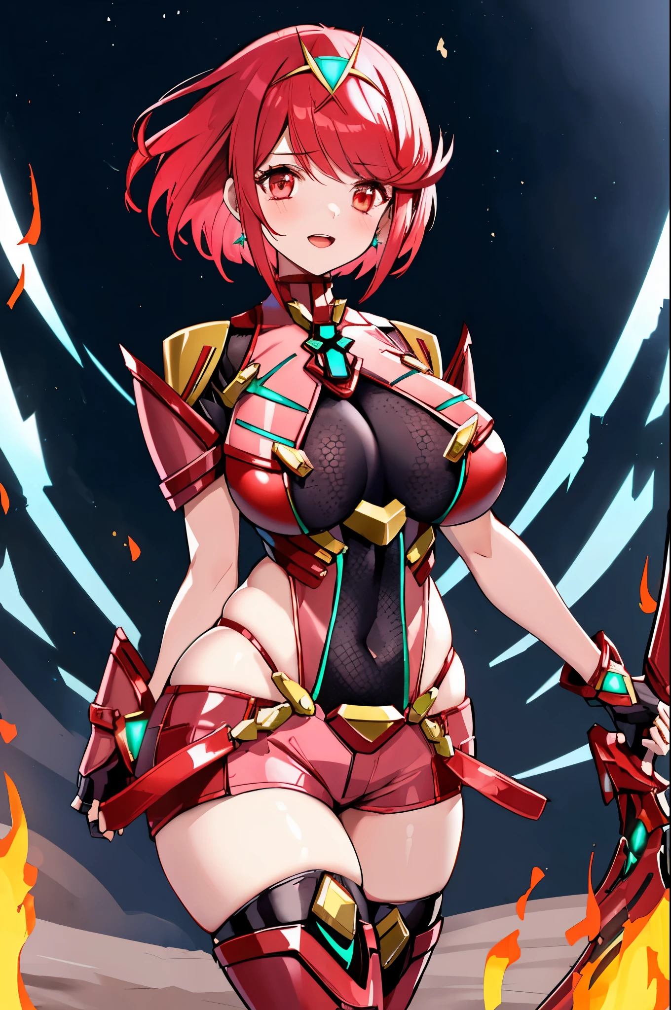 pyra \(xenoblade\), young__1girl, armor, bangs, black gloves, breasts, red eyes, closed mouth, earrings, eyelashes, fingerless gloves, floating hair, framed breasts, gem, gloves, hair ornament, headpiece, jewelry, big_breasts, leaning back, leotard, neon trim, official art, pose, red hair, red shorts, saitou masatsugu, short hair, short shorts, short sleeves, shorts, sidelocks, skin tight, solo, standing, swept bangs, thighhighs, tiara, night_prairie_background, turtleneck, underbust, vambraces, xenoblade chronicles \(series\), (xenoblade chronicles 2), apart_legs, fire_effect,dynamic_pose_fighting,light_smile, (plump:1.1), big_ass,huge_sword, hold_large_sword_hilt, solo, covered_nipples, covered_pussy,open_mouth,back_view,