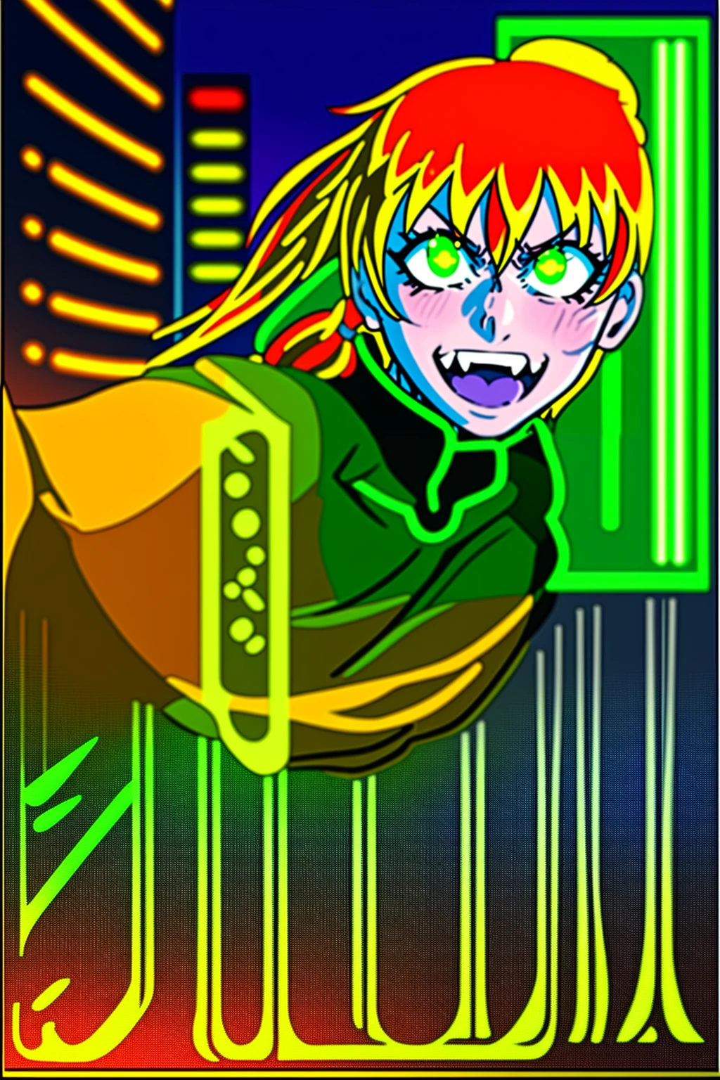excel, orange hair, smile, fang, open mouth, green eyes,standing, medium , pants, pullover, , cyberpunk city magic, martial arts martial pose, full body, fangs, ponytail,