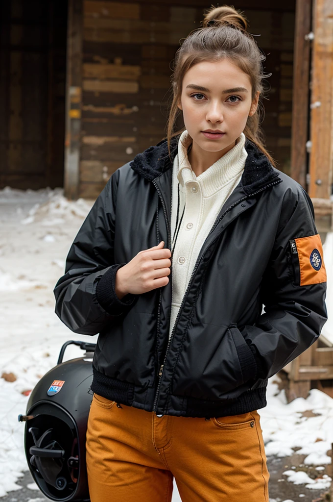 Beautiful girl, with a long orange snow-style jacket that is very worn and torn and full of dust, special pants for motorcycle, a large jacket with patches, hands with 5 fingers, ponytail hairstyle, cold expression, full-body photo. Details in high definition, with photographic style and natural light, in the style of a film texture.