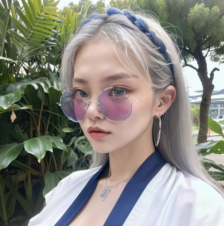 1 miniature Beautiful beautiful woman - Yuan Sayuki, ((top quality, 8K, Masterpiece:1.retty woman, 1 woman, huge breasts:1.3, a slim body:1.1, lush white long hair, (shower, wet body, wet clothes:1.1), very detailed face, detailed lips, detailed eyes, double eyelids, Detailed blue eyes, чрезвычайно Detailed Outstanding Blue Eyes, white wet hair, white wet hair, Detailed Outstanding Blue Eyes, innocent look at the viewer, very wet wavy white hair, Detailed Outstanding Blue Eyes, huge cross earrings, White kimono (Sport, martial art, jiu-jitso), bare chest, huge chest tattoo wearing a wreath, detailed huge earrings, chest tattoo, Outside - there are trees and a buddhist temple in the background, Buddhism temple behind, wear a silver cross (Detailed cross shape), reality mode, wet breasts, black necklace, human crowd behind, naked breasts, naked breasrs, naked nipples, hair of white snowy colour, accurately detailed RED TAINTED GLASSES