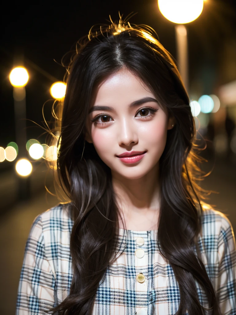 high resolution 8k long eyelashes natural lips beautiful eyes white skin long hair thin eyebrows straight hair black hair shiny hair plaid dress night view light wide forehead street light