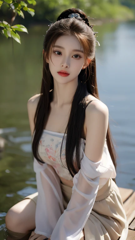 real photos,HDR backlight，Contour light，Shallow depth of field。reddish brown long straight hair，Beautiful Chinese beauties, masterpiece, best quality, extremely delicate and beautiful,high resolution, absurderes, Optimal proportions of four fingers and one thumb, in the lake with trees,sitting,  highly detailed beautiful face, Cute, shy,blush, dynamic angle, from above,looking at viewer, wearing Chiffon Sleeveless Blouse skirt
