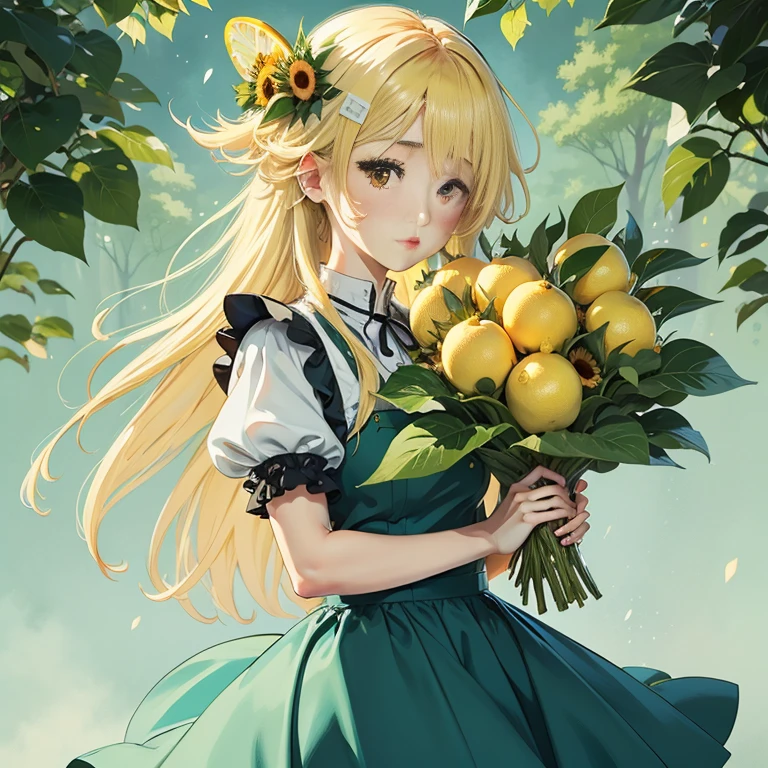 anime girl with long blonde hair holding a bunch of lemons, in dress, rin, a maid in a magical forest, splash art anime , , anime visual of a cute girl, marin kitagawa fanart, cute anime waifu in a nice dress, beautiful sunflower anime girl, kagamine rin, made with anime painter studio, rei hiroe