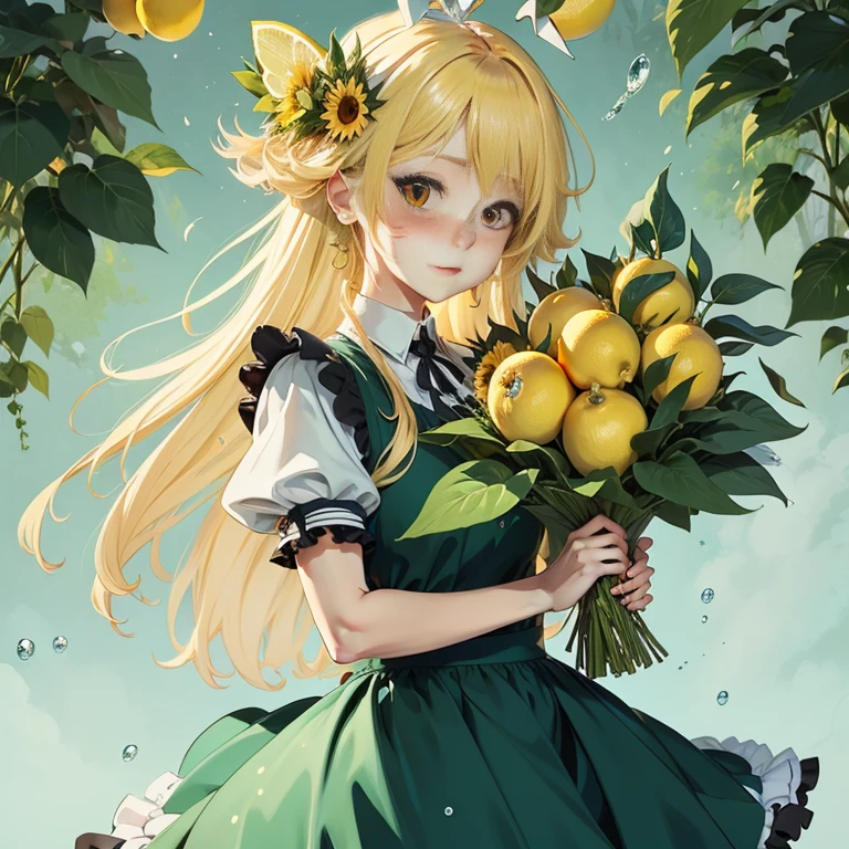 anime girl with long blonde hair holding a bunch of lemons,  in dress, rin, a maid in a magical forest, splash art anime , , anime visual of a cute girl, marin kitagawa fanart, cute anime waifu in a nice dress, beautiful sunflower anime girl, kagamine rin, made with anime painter studio, rei hiroe