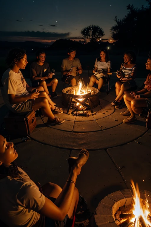 A group of people sitting in a circle around a campfire playing Djembe at night