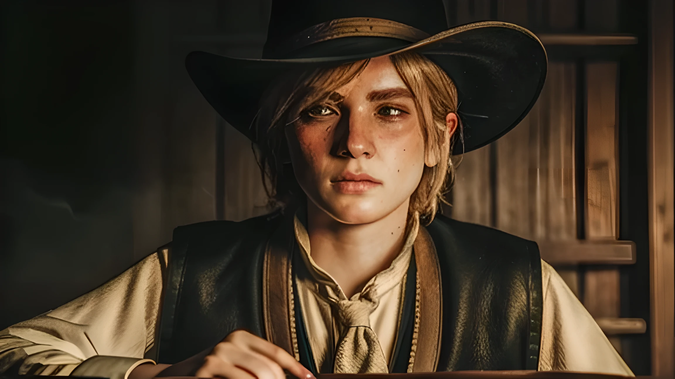 ((ultra detailed, masterpiece, best quality)) RDR2Sadie, 1girl, solo, blonde hair, Within a dimly lit saloon, poker table in focus, cowboy vest and hat, a haze of cigar smoke, holding a hand of cards with a poker face