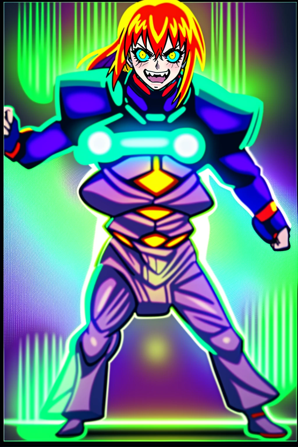 excel, orange hair, smile, fang, open mouth, green eyes,standing, medium breast, pants, pullover, , cyberpunk city magic, martial arts martial pose, full body, fangs, ponytail,,best quality, vivid colors, cyberpunk style, realistic lighting, detailed background, futuristic environment, neon lights, bustling streets, advanced technology, holographic displays, flying cars, skyscrapers, cityscape, rain, reflection, energetic atmosphere, intense action, dynamic movement, martial arts stances, powerful kicks, punches, martial arts weapons, adrenaline rush, orange hair flowing, vibrant green eyes glowing, captivating smile, fangs glistening, fierce expression, confident posture, stylish pants and pullover, sleek and modern fashion, edgy and confident appearance, magical aura, mystical powers, energy manipulation, intense focus, epic battle, confrontational stance, electrifying sensation, ponytail swinging, sharp and sleek features.
