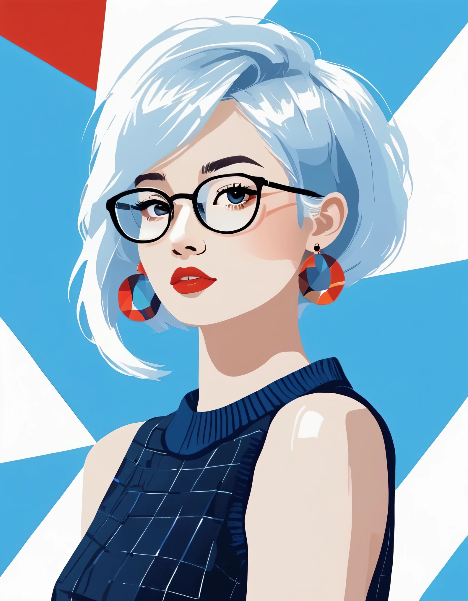 vector art,Helen Huang style,Modern girl,portrait,super short hair,Black sleeveless tight sweater,red geometric earrings,big glasses,white hair,blue background,vector illustration vector illustration,Flat design style Flat design style,flat illustration flat illustration