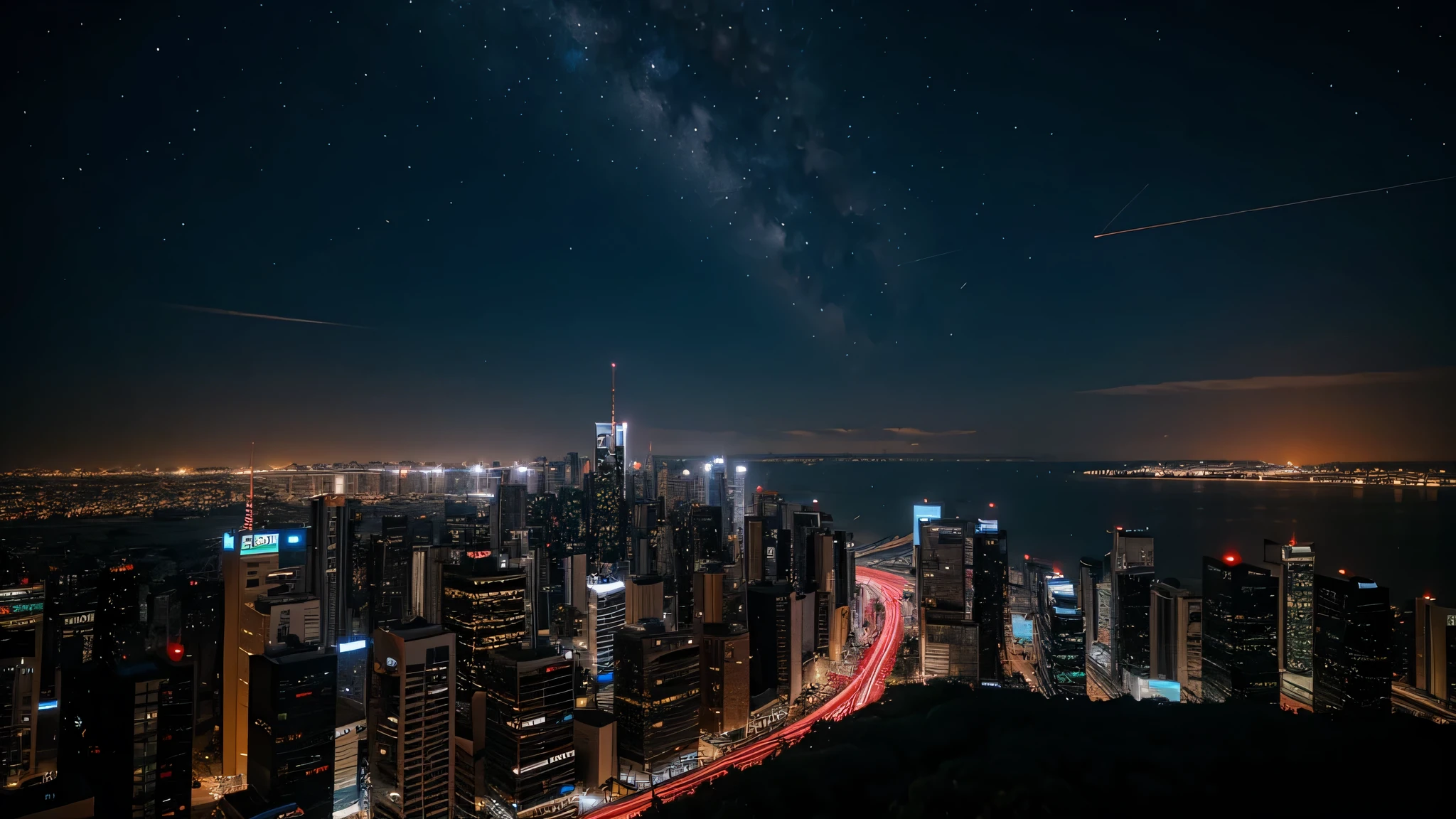 cyberpunk city with beautiful night sky with planets