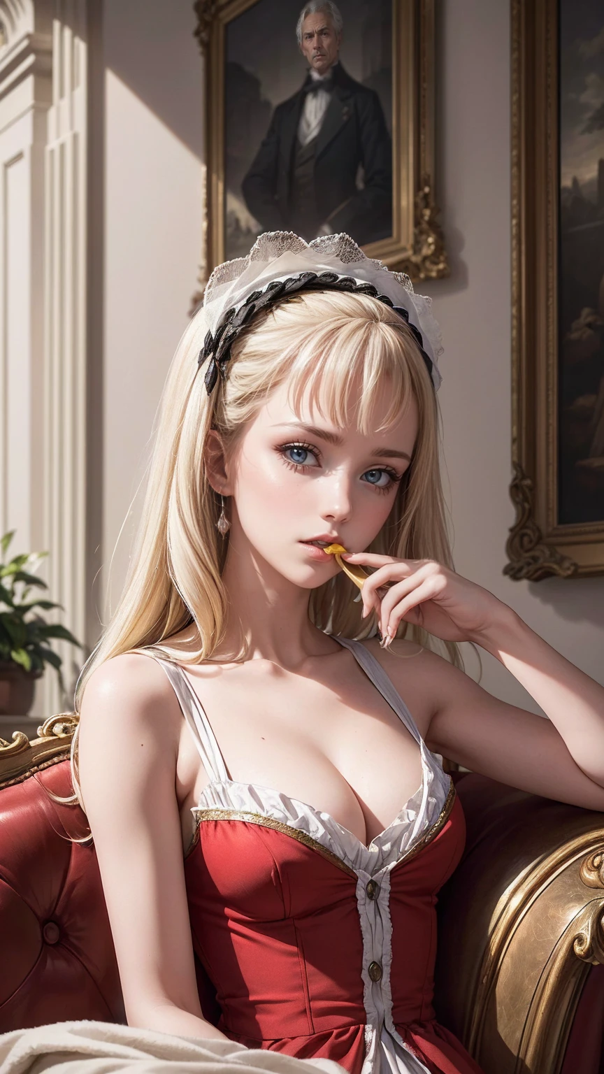 ((最high quality, 8K, masterpiece: 1.3, Ultra HD, high quality, 最high quality, High resolution, realism)) 、Marie Antoinette、Inside the Palace of Versailles in France、Cover your mouth with a fan