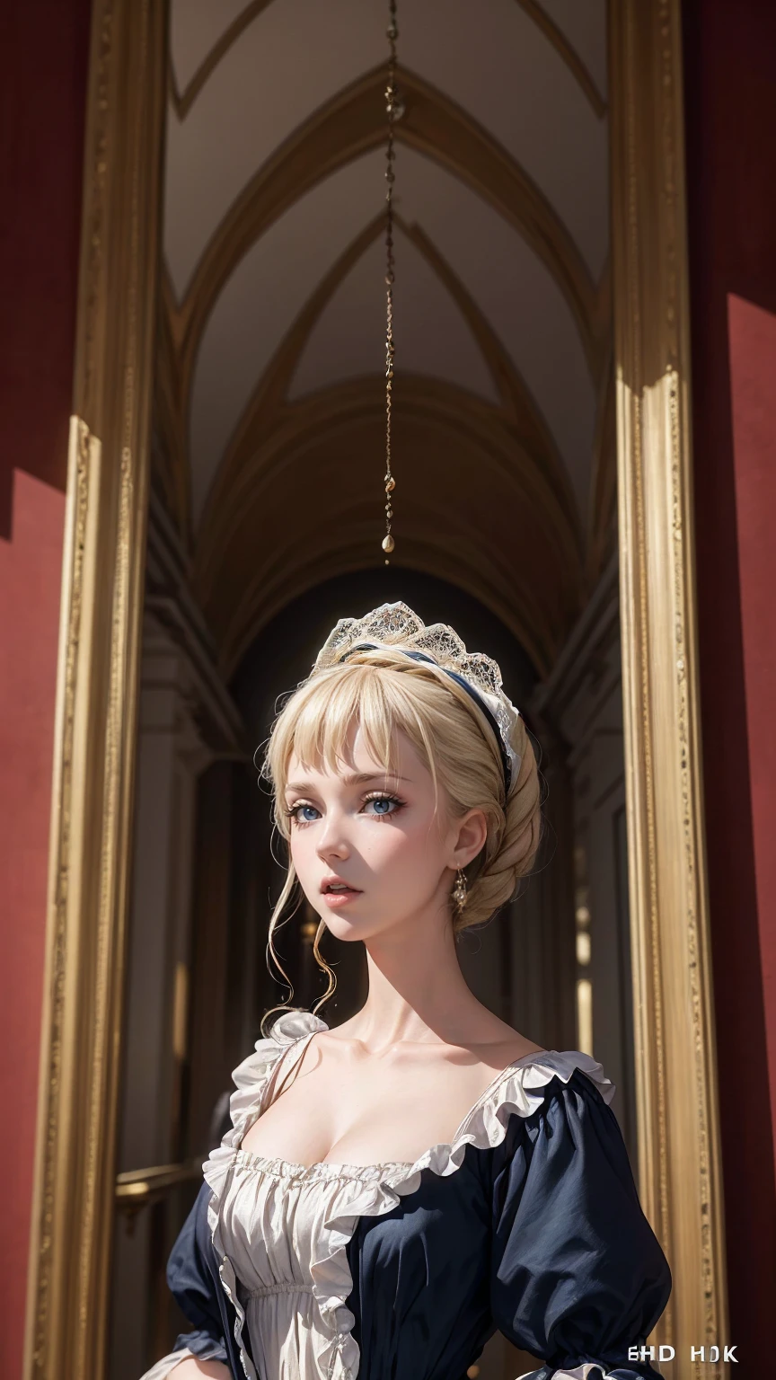 ((最high quality, 8K, masterpiece: 1.3, Ultra HD, high quality, 最high quality, High resolution, realism)) 、Marie Antoinette、Inside the Palace of Versailles in France、Cover your mouth with a fan