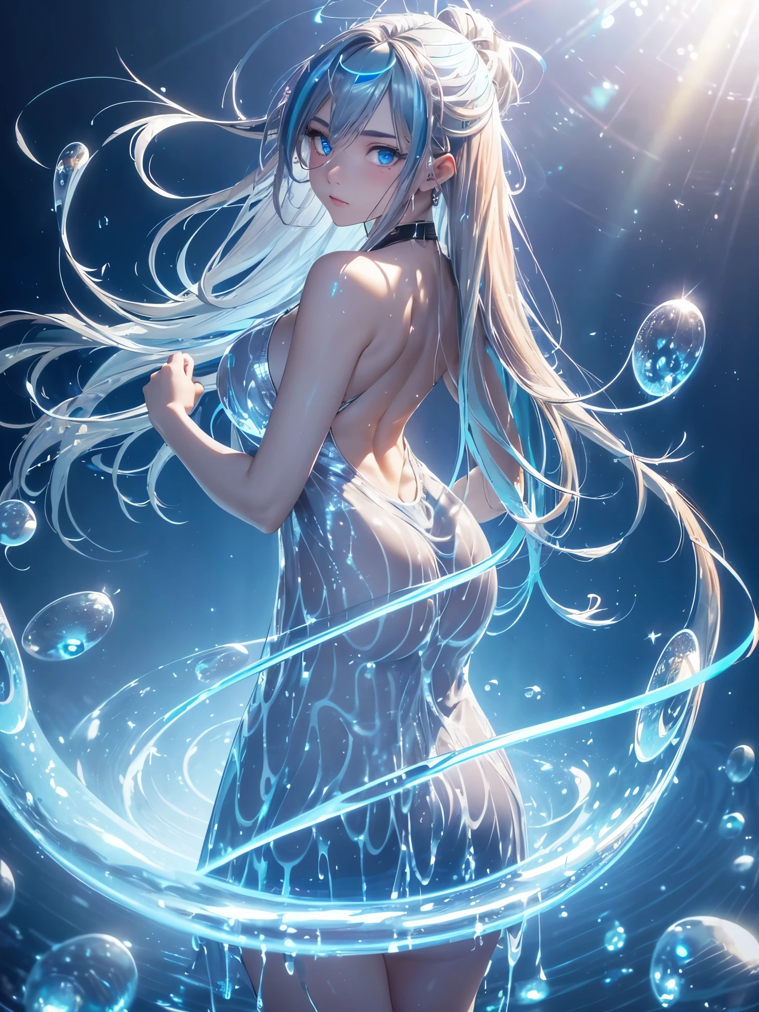 a 16 year old girl, Looks cute, (Silver blue hair streaked glowing blue:1.6), (Gradient dark blue hair ends:1.4), absundly extra long floating hair, hair over one eye, hair strand, (((Illusion aqua blue eyes))), delicate eyes, aqua eyes, like real eyes, (((glowing aqua eyes))), Blue extra gorgeous maxi classisskirt, wide angle shot, Focus on face, Very detailed facial, sexy body, Random pose, Random expressions, ((Floating in the sky of the city)), (((floating on the water))), (((Hand holding glowing spinning water polo))), (huge liquid circles stand upright floating on the back:2), (((floating blue liquid turn around body))), ((blue magic circle halo on the head)), makeup, light blue nail, aqua earrings, starry night sky, meteor, chiaroscuro, ((glowing light)), (sparkle), ray tracing, cinematic lighting, motion blur, Futurism, anime, best quality, UHD, super detail, masterpiece, highres, ccurate