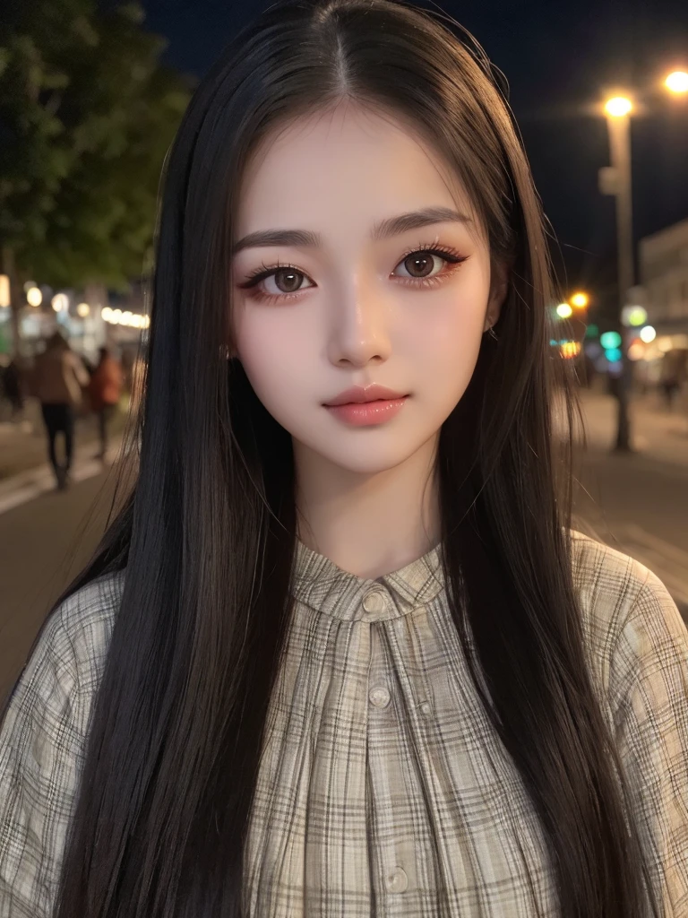 high resolution 8k long eyelashes natural lips beautiful eyes white skin long hair thin eyebrows straight hair black hair shiny hair plaid dress night view light wide forehead street light