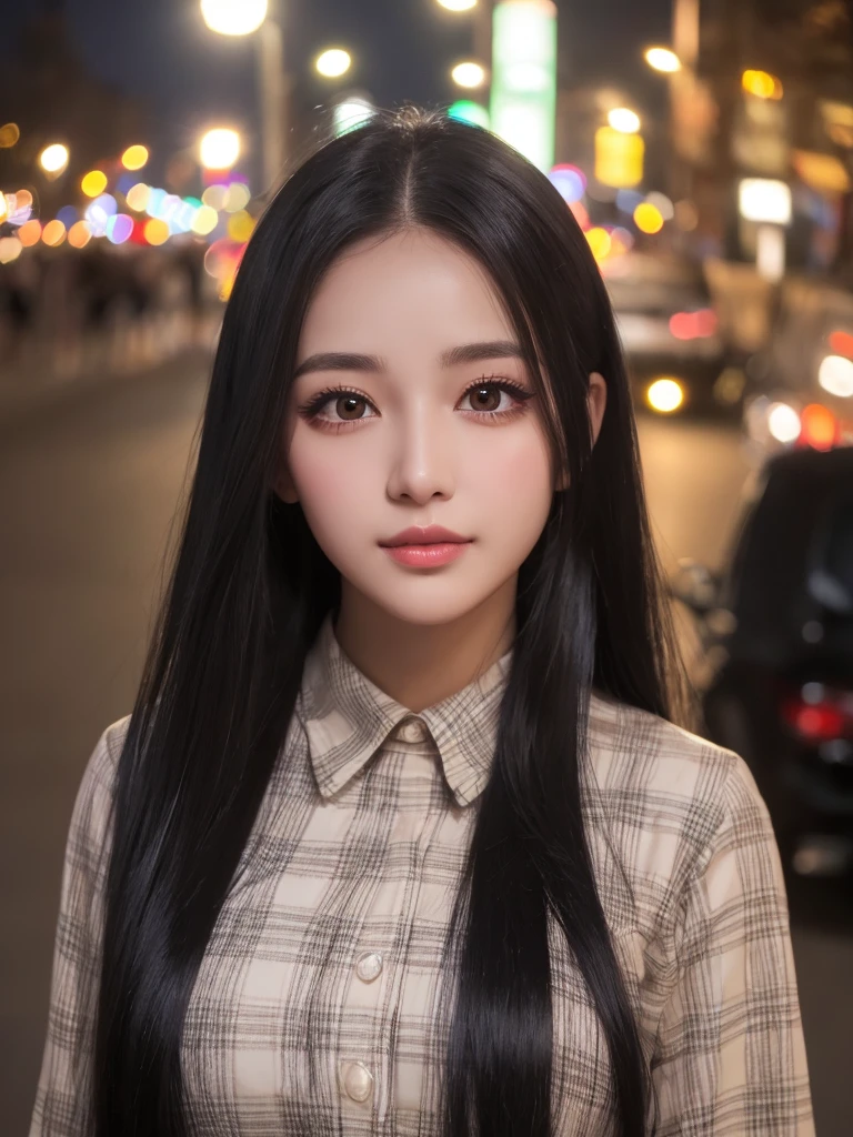 high resolution 8k long eyelashes natural lips beautiful eyes white skin long hair thin eyebrows straight hair black hair shiny hair plaid dress night view light wide forehead street light