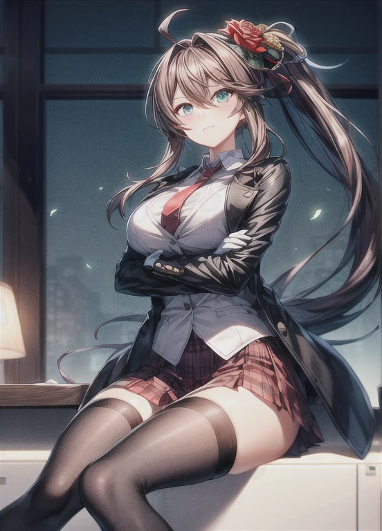 masterpiece, best quality, ultra-detailed, illustration, warm lighting, bright colors, 1girl,solo, long hair, very long hair, chifuyu, crossed arms, amused, sitting, office, office work,

action, ahoge, bangs, black_jacket, blue_eyes, breasts, brown_hair, brown_vest, buttons, closed_mouth, collared_shirt, double-breasted, dress_shirt, flower, gloves, hair_between_eyes, hair_flower, hair_ornament, hair_over_eyes, jacket, light_particles, long_sleeves, looking_at_viewer, necktie, plaid, plaid_skirt, pleated_skirt, ponytail, red_flower, red_necktie, red_rose, red_skirt, rose, shirt, skirt, thighhighs, vest, weapon, white_shirt, zettai_ryouiki,